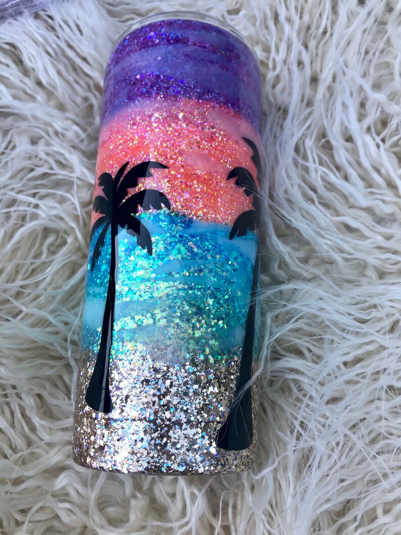 Drink in My Hand Toes in the Sand, Glitter Tumbler Cup, Beach Sunset