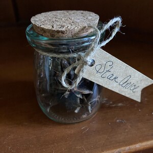 May include: A small, clear glass jar filled with star anise. The jar is sealed with a cork stopper and tied with twine. A small, brown paper tag with the words "Star Anise" is attached to the twine.
