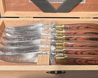 L'AGUIOLE Steak Knives - 6-pc set -Still in their original wood box!!! L'ECLAIR 440 series. Look - Bees! Full Tang with Wood handles - WOW!
