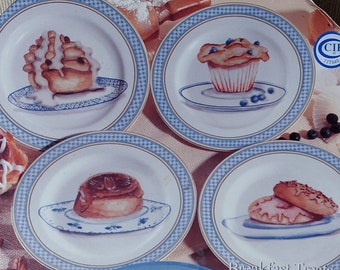 Set of Four 6-1/2" American Atelier At Home Dessert or Canape Porcelain Plates - Donuts, Cinnamon Buns, Muffins, Pie - Oh My!