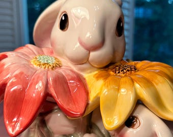 Fitz & Floyd Bunny Blooms White Rabbit w Baby Bunny and Blossoms Cookie Jar/Canister. RARE to find and in such Excellent Condition! IOB