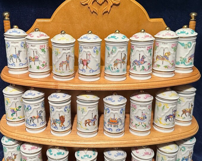 1993 Lenox Carousel Porcelain Spice Jars 24 With Original Wood Rack