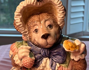 1991 Fitz & Floyd BONNET BEAR w Bees Cookie Jar/Canister. RARE to find and in such Excellent Condition! A Honey of a Find! Huge Cookie Jar!