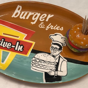 AMAZING Clay Art of South San Francisco Vintage Hand-Painted &quot;Burgers To Go&quot; Platter - with a Figural Hamburger Toothpick Holder!
