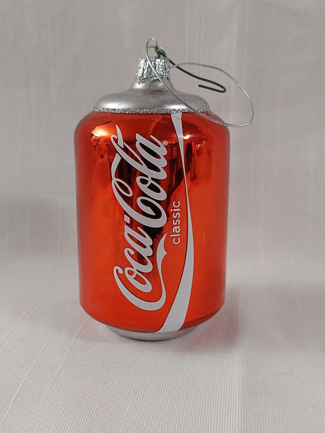 Cocacola Can of Clasic Coke W Silver Glitter Christmas Tree Ornament a
