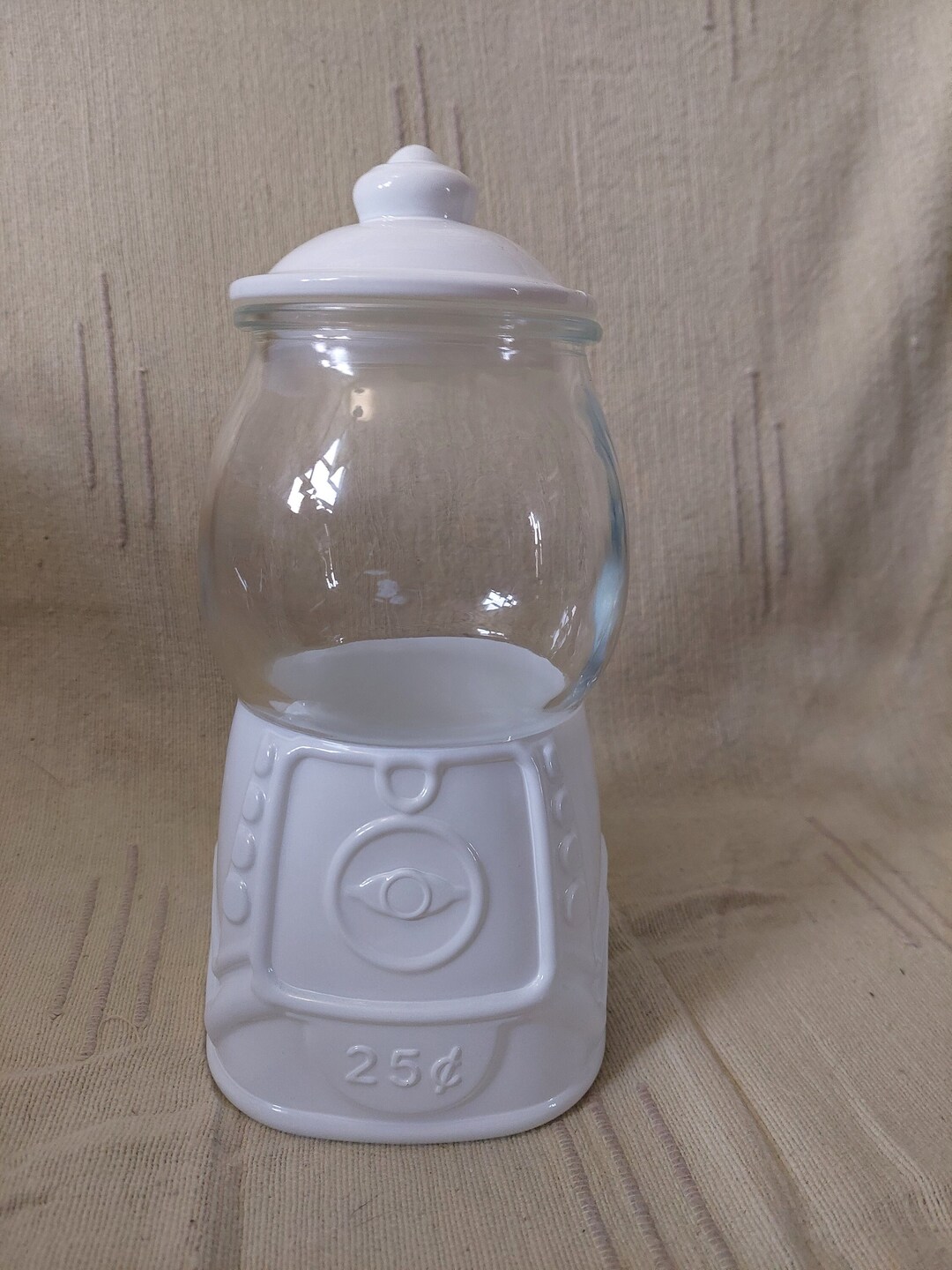 White Gumball Machine Figural Ceramic and With a Clear Glass Cookie Jar