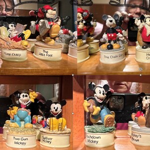May include: A collection of 10 small, hand-painted ceramic figurines of Mickey Mouse in various poses and settings. Each figurine is on a round base with a different inscription, such as "Steamboat Willie", "Piano Crazy", "The Jazz Fool", "The Chain Gang", "Mickey's Orchestra", "Mickey Steps Out", "Brave Little Tailor", "Two Gun Mickey", "Gulliver Mickey", "Touchdown Mickey", "Mickey's Avenue", and "Building a Building".