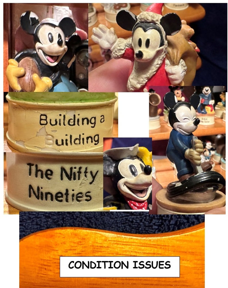 May include: A collection of vintage Mickey Mouse figurines, some with chipped paint, featuring Mickey in various poses, including playing football, wearing a Santa hat, and holding a bag of gifts. The figurines are displayed on a wooden shelf with a label that reads "Building a Building" and "The Nifty Nineties".