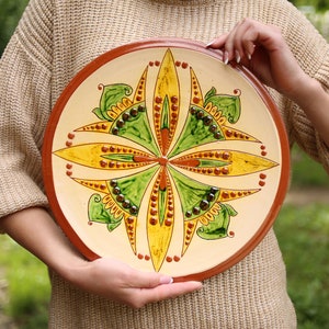 Ceramic plate  with painted in the Ukrainian national ethno hutsuls ornaments  large dinner plate, home decor, best friend gift, unique gift