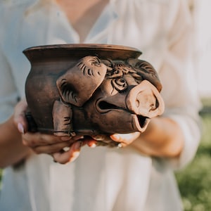 Handmade Ceramic Pig Sugar Bowl with Lid - Rustic Pottery