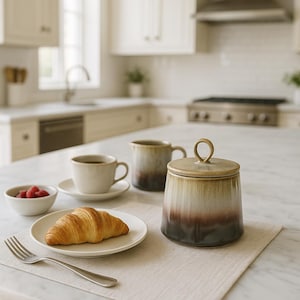 May include: A kitchen scene with a sugar bowl, creamer, and coffee cup. The sugar bowl is cylindrical with a lid and a loop handle. The items have a gradient color scheme of beige, brown, and black. A croissant and raspberries are also present.
