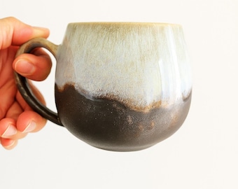 Handmade Ceramic Mug – Stoneware Coffee Cup with Brown and Beige Glaze, Rustic Pottery Gift