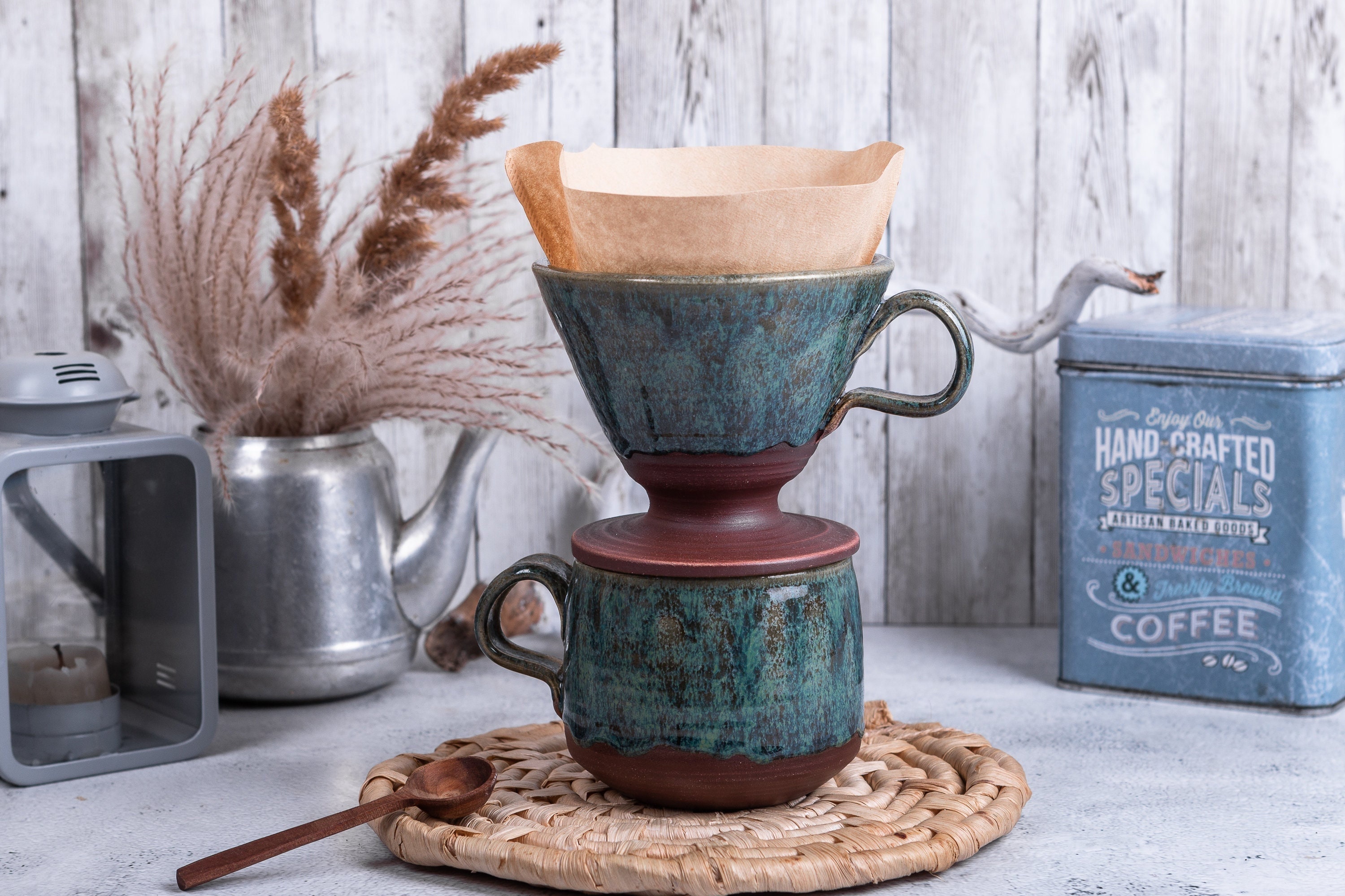 Costa Rican Red Clay Pour Over Coffee Maker And Mug Blue Green Details  Glazed