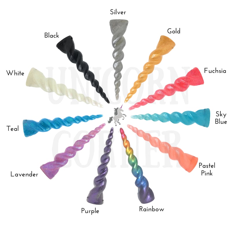 May include: A variety of unicorn horn shapes in different colors, including black, white, silver, gold, fuchsia, sky blue, teal, lavender, purple, rainbow, and pastel pink.
