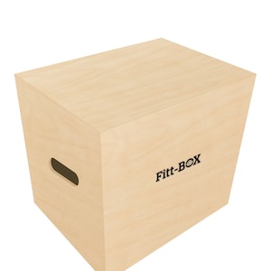May include: A light wood storage box with a black handle and the text "Fitt-BOX" printed on the front.