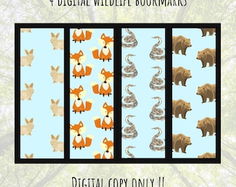 May include: Four digital wildlife bookmarks featuring a repeating pattern of a rabbit, fox, snake, and bear on a light blue background. The text "DIGITAL COPY ONLY!!" is at the bottom of the image.