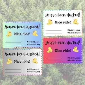 May include: Four colorful cards with the text "You've been ducked! Nice ride!" and a yellow duck graphic. Each card has a different gradient background: blue, green, pink, and silver. The hashtags #duckingjeeps and #duckduckjeep are also included.