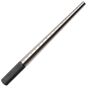 May include: A silver metal ring sizer with black markings for sizes 6 through 20. The sizer has a textured black handle.