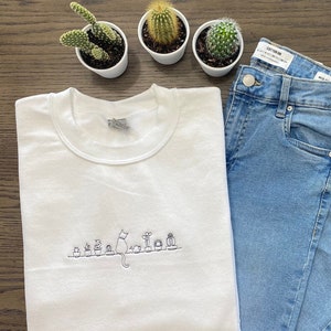 Plants And Cat Sweatshirt, Embroidered Line Art Hoodie, Gardener Shirt, Cat Lover Shirt, Plant Lady Sweatshirt, Embroidered Sweatshirt