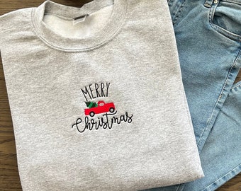 Merry Christmas Sweatshirt, Embroidered Shirt, Christmas Truck Shirt, Holiday Shirt, Pajama Top, Christmas Trees, Family Christmas Shirts