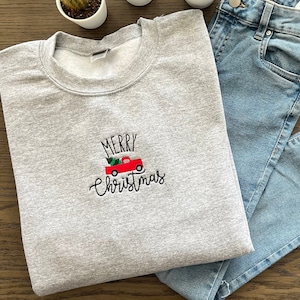 Merry Christmas Sweatshirt, Embroidered Shirt, Christmas Truck Shirt, Holiday Shirt, Pajama Top, Christmas Trees, Family Christmas Shirts