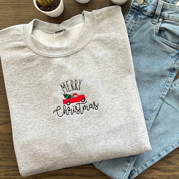 Merry Christmas Sweatshirt, Embroidered Shirt, Christmas Truck Shirt, Holiday Shirt, Pajama Top, Christmas Trees, Family Christmas Shirts