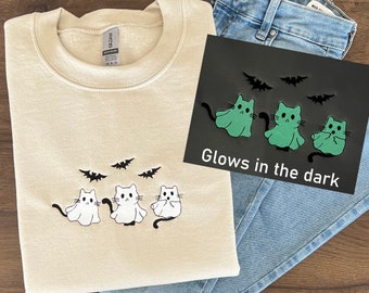 Embroidered Ghost Cats Sweatshirt, Bats Halloween Hoodie, Glow in the Dark, Fall Sweatshirt, Spooky Season Shirt, Halloween Sweatshirt