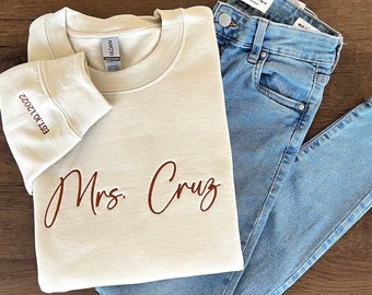 Custom Mrs. Embroidered Sweatshirt, Date On Sleeve, Personalized Gift for Bride, Wife Shirt, Future Mrs Hoodie, Engagement Gift, Bride To Be