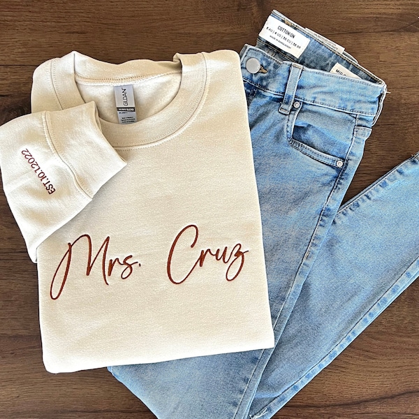 Custom Mrs. Embroidered Sweatshirt, Date On Sleeve, Personalized Gift for Bride, Wife Shirt, Future Mrs Hoodie, Engagement Gift, Bride To Be