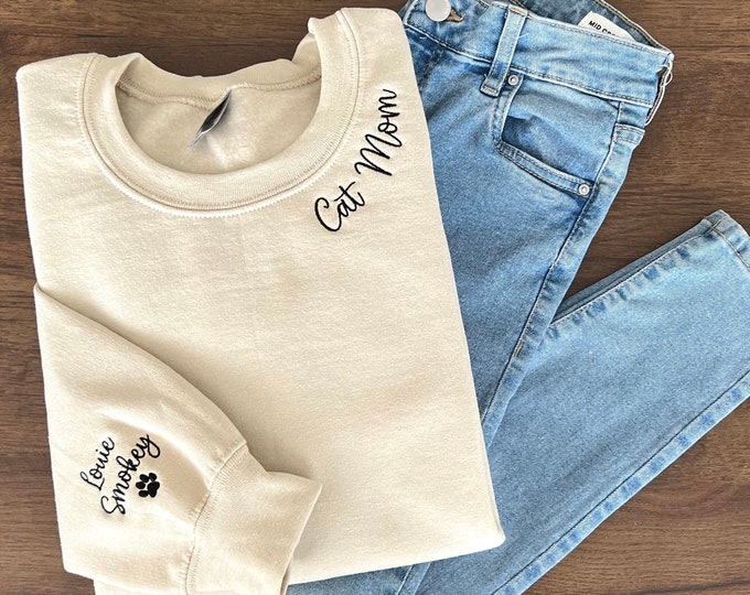 Cat Mom Embroidered Sweatshirt, Custom Mama Shirt With Pet Names, Cat Mom On Neckline, Paw On Sleeve, Gift For Cat Mom, Mother's Day Gift