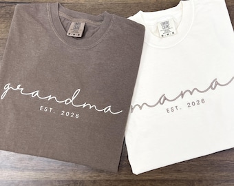 Custom Embroidered Comfort Colors T-Shirt, Mama Est Year Shirt, Grandma Shirt With Date, Gift For New Mom, Mothers Day Gift