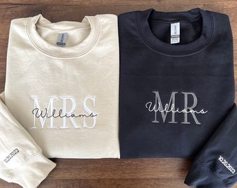 Custom Mrs. Embroidered Sweatshirt, Date On Sleeve, Hubby Wifey, Gift For Bride, Future Mrs. and Mr. Hoodie, Engagement Gift, Bride To Be