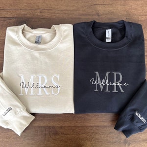 Custom Mrs. Embroidered Sweatshirt, Date On Sleeve, Hubby Wifey, Gift For Bride, Future Mrs. and Mr. Hoodie, Engagement Gift, Bride To Be image 1