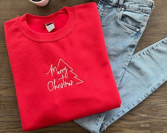 Merry Christmas Sweatshirt, Embroidered Shirt, Christmas Tree Shirt, Holiday Shirt, Pajama Top, Christmas Trees, Family Christmas Shirts