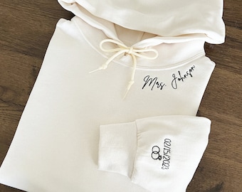 Custom Mrs. Embroidered Hoodie, Date and Rings On Sleeve, Name On Neckline, Personalized Wife Sweatshirt, Future Mrs, Bride To Be