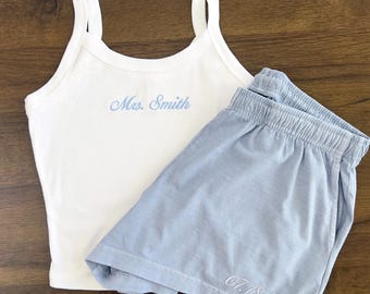 Custom Embroidered Crop Tank Top, Personalized Mrs. Name Tank Top, Embroidered Date Shorts, Engagement Gift, Bachelorette Gift, Bride To Be