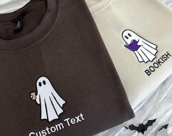 Custom Text Embroidered Ghost Sweatshirt, Couple Halloween Hoodie, Personalized Ghost Shirt, Cute Family Fall Sweatshirt, Spooky Season