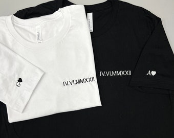 Custom Embroidered Roman Numeral T-Shirt, Couple Shirt, Initial On Sleeve, Anniversary Year, Personalized Date Tee, Mother's Day Gift