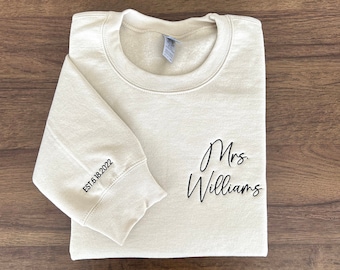 Custom Mrs. Embroidered Sweatshirt, Date On Sleeve, Personalized Gift for Bride, Wife Shirt, Future Mrs Hoodie, Engagement Gift, Bride To Be