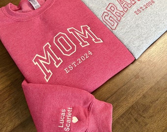 Custom Embroidered Sweatshirt, Name On Sleeve With Heart, Grandma Shirt With Date, Mama Est Year Shirt, Gift For New Mom, Mothers Day Gift