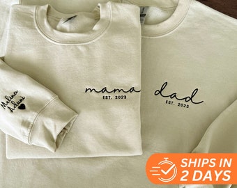 Dad Embroidered Sweatshirt, Custom Mama Shirt With Names, Heart On Sleeve, Daddy Est Year Hoodie, Gift For New Dad, Mother's Day Gift