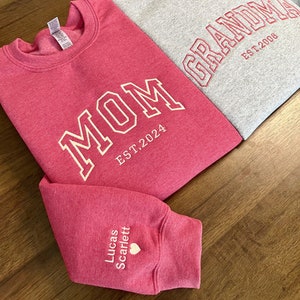 Custom Embroidered Sweatshirt, Name On Sleeve With Heart, Grandma Shirt With Date, Mama Est Year Shirt, Gift For New Mom, Mothers Day Gift