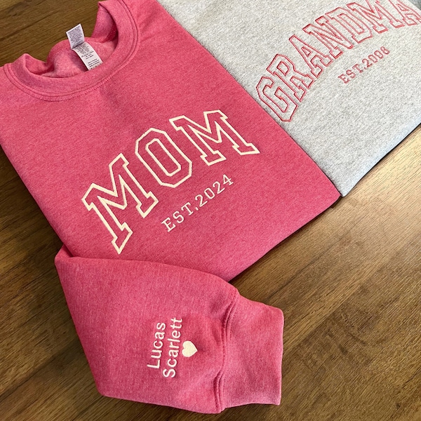 Custom Embroidered Sweatshirt, Name On Sleeve With Heart, Grandma Shirt With Date, Mama Est Year Shirt, Gift For New Mom, Mothers Day Gift