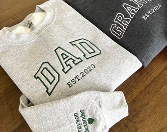 Custom Embroidered Sweatshirt, Name On Sleeve With Heart, Grandpa Shirt With Date, Daddy Est Year Shirt, Gift For New Dad, Father's Day Gift