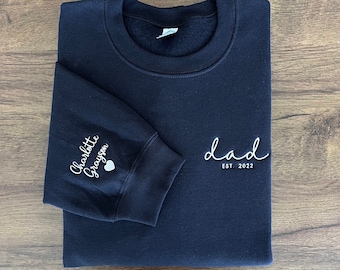 Dad Embroidered Sweatshirt, Custom Dad Shirt With Kids Names, Heart On Sleeve, Daddy Est Hoodie, Gift For New Dad, Father's Day Gift