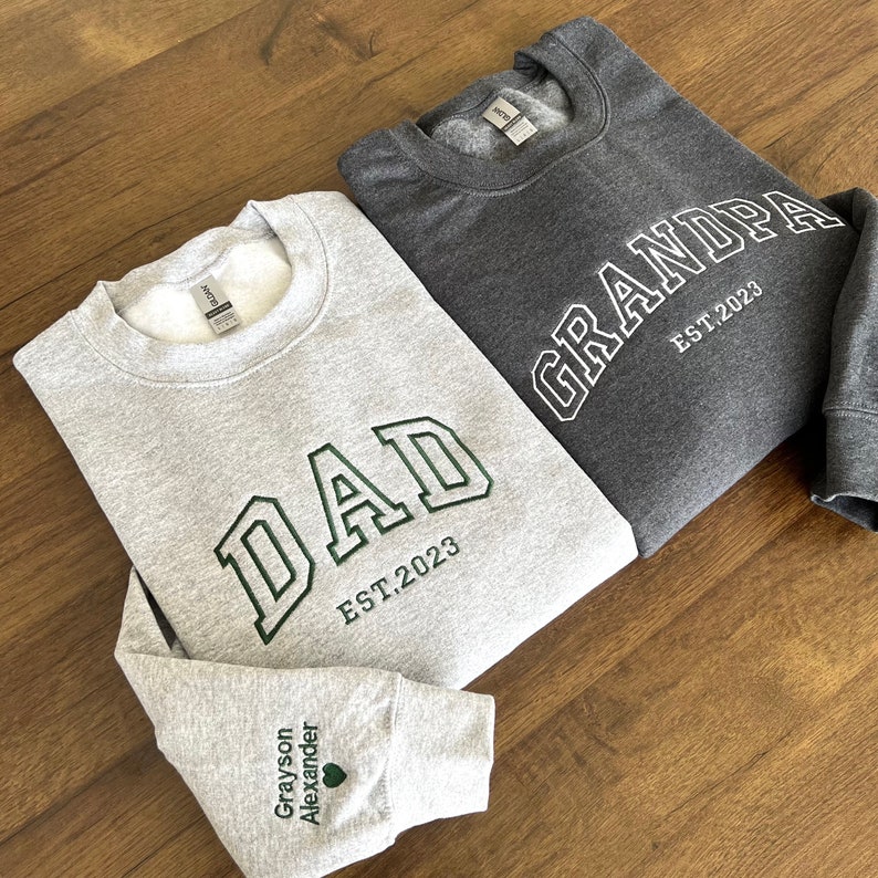 Custom Embroidered Sweatshirt, Name On Sleeve With Heart, Grandpa Shirt With Date, Daddy Est Year Shirt, Gift For New Dad, Father's Day Gift image 3
