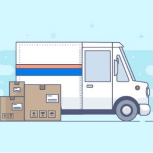 May include: Illustration of a white delivery truck with blue and orange stripes, parked next to several brown cardboard boxes. The boxes have shipping labels and symbols. The background is light blue.