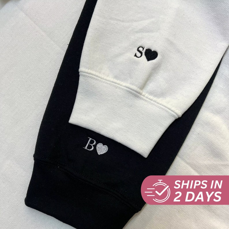 Custom Embroidered Initial Heart Sweatshirt, Couple Shirt, Initial On Sleeve, Couple's Shirt, Anniversary, Valentines Day, Christmas Gift image 1