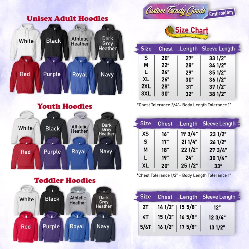 K&ouml;nnte beinhalten: Gr&ouml;&szlig;entabelle f&uuml;r Unisex-Hoodies f&uuml;r Erwachsene, Jugendliche und Kleinkinder in verschiedenen Farben, darunter Wei&szlig;, Schwarz, Rot, Lila, Royalblau und Marine. Die Tabelle listet die Brust-, L&auml;ngen- und &Auml;rmell&auml;ngenma&szlig;e in Zoll auf.