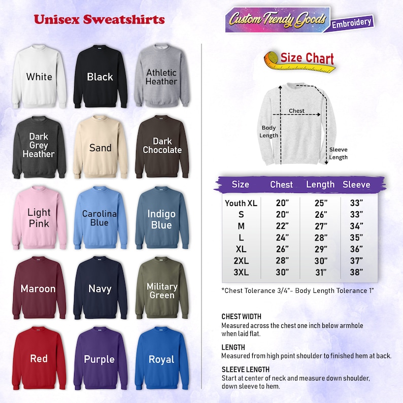 K&ouml;nnte beinhalten: Unisex-Sweatshirt-Gr&ouml;&szlig;entabelle mit Farbmustern f&uuml;r verschiedene Farben, darunter Wei&szlig;, Schwarz, Sport-Heather, Dunkelgrau-Heather, Sand, Dunkelbraun, Hellrosa, Carolina-Blau, Indigo-Blau, Rotbraun, Marine, Milit&auml;rgr&uuml;n, Rot, Lila und Royal. Die Tabelle zeigt die Gr&ouml;&szlig;en Youth XL, S, M, L, XL, 2XL und 3XL mit den entsprechenden Brust-, L&auml;ngen- und &Auml;rmelma&szlig;en in Zoll.